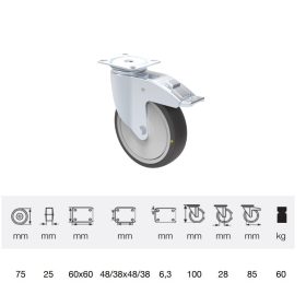   BDPC_0751_5000 Forgó-fékes kerék, elektromosan vezető, 75 mm, 60 kg teherbírás, talplemezes felfogatás