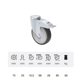   BDPC_0755_5000 Forgó-fékes kerék, elektromosan vezető, 75 mm, 60 kg teherbírás, furatos felfogatás