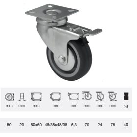   BDPE 0501 1001, Forgó-fékes kerék, 50 mm, 40 kg teherbírás, talpas felfogatás