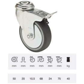   BDPE 0505 1001, Forgó-fékes kerék, 50 mm, 40 kg teherbírás, furatos felfogatás