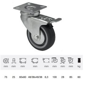   BDPE 0751 1001, Forgó-fékes kerék, 75 mm, 60 kg teherbírás, talpas felfogatás