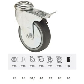   BDPE 0755 1001, Forgó-fékes kerék, 75 mm, 60 kg teherbírás, furatos felfogatás