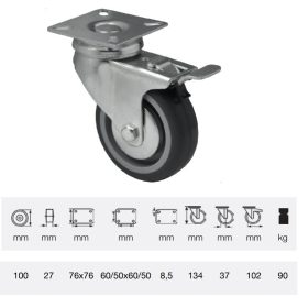  BDPE 1001 1001, Forgó-fékes kerék, 100 mm, 90 kg teherbírás, talpas felfogatás