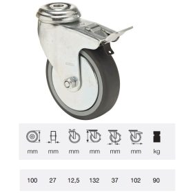   BDPE 1005 1001, Forgó-fékes kerék, 100 mm, 90 kg teherbírás, furatos felfogatás