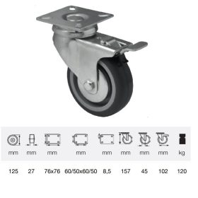   BDPE 1251 1001, Forgó-fékes kerék, 125 mm, 120 kg teherbírás, talpas felfogatás