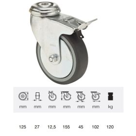   BDPE 1255 1001, Forgó-fékes kerék, 125 mm, 120 kg teherbírás, furatos felfogatás
