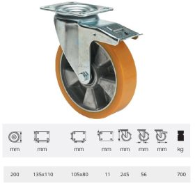   BHAU 2003 6440, Nagy teherbírású forgó-fékes kerék, poliuretán futófelület, horganyzott villába szerelve, 200 mm, 700 kg teherbírás,