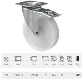   BHPN 2003 6100, Nagy teherbírású forgó kerék, (poliamid) műanyag futófelület, horganyzott villába szerelve, 200 mm, 900 kg teherbírás