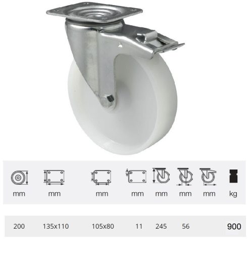 BHPN 2003 6100, Nagy teherbírású forgó kerék, (poliamid) műanyag futófelület, horganyzott villába szerelve, 200 mm, 900 kg teherbírás