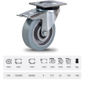   BPAG 1001 6150, Forgó-fékes kerék, horganyzott villába szerelve, szürke nyommentes tömörgumi futófelülettel, 100 mm, 180 kg, talpas felfogatás
