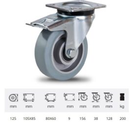   BPAG 1251 6150, Forgó-fékes kerék, horganyzott villába szerelve, szürke nyommentes tömörgumi futófelülettel, 125 mm, 200 kg, talpas felfogatás