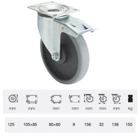   BPPE 1251 5100, Forgó-fékes kerék, horganyzott villába szerelve, prémium ECOFORMA tömörgumi futófelület, 125 mm, 150 kg teherbírás, talpas felfogatás