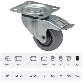   BPPF 0801 5100, Forgó-fékes kerék, horganyzott villába szerelve, prémium PERFORMA tömörgumi futófelület, 80 mm, 150 kg teherbírás, talpas felfogatás