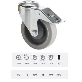   BPPF 0805 5100, Forgó-fékes kerék, horganyzott villába szerelve, prémium PERFORMA tömörgumi futófelület, 80 mm, 150 kg teherbírás, furatos felfogatás