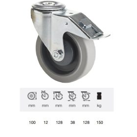   BPPF 1005 5100, Forgó-fékes kerék, horganyzott villába szerelve, prémium PERFORMA tömörgumi futófelület, 100 mm, 150 kg teherbírás, furatos felfogatás