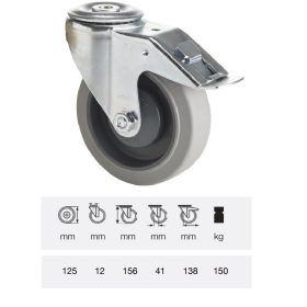   BPPF 1255 5100, Forgó-fékes kerék, horganyzott villába szerelve, prémium PERFORMA tömörgumi futófelület, 125 mm, 150 kg teherbírás, furatos felfogatás