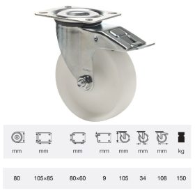   BPPN 0801 1100, Forgó-Fékes kerék, (poliamid) műanyag futófelület, horganyzott villába szerelve, 80 mm, 150 kg teherbírás, talpas felfogatás