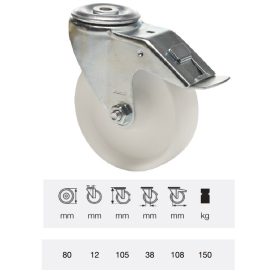   BPPN 0805 1100, Forgó-Fékes kerék, (poliamid) műanyag futófelület, horganyzott villába szerelve, 80 mm, 150 kg teherbírás, furatos felfogatás