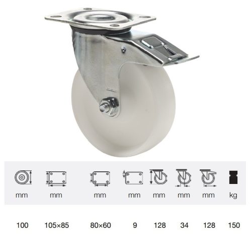 BPPN 1001 1100, Forgó-Fékes kerék, (poliamid) műanyag futófelület, horganyzott villába szerelve, 100 mm, 150 kg teherbírás, talpas felfogatás