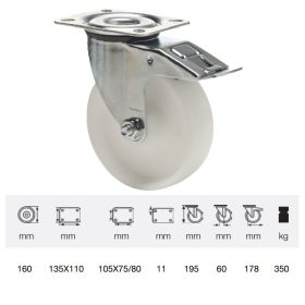   BPPN 1603 1100, Forgó-Fékes kerék, (poliamid) műanyag futófelület, horganyzott villába szerelve, 160 mm, 350 kg teherbírás, talpas felfogatás