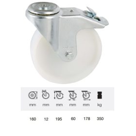   BPPN 1607 1100, Forgó-Fékes kerék, (poliamid) műanyag futófelület, horganyzott villába szerelve, 160 mm, 350 kg teherbírás, furatos felfogatás