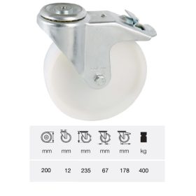   BPPN 2007 1100, Forgó-Fékes kerék, (poliamid) műanyag futófelület, horganyzott villába szerelve, 200 mm, 400 kg teherbírás, furatos felfogatás