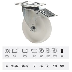   BPPP 0801 1100, Forgó-Fékes kerék, (polipropilén) műanyag futófelület, horganyzott villába szerelve, 80 mm, 150 kg teherbírás, talpas felfogatás