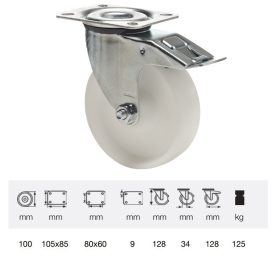   BPPP 1001 1100, Forgó-Fékes kerék, (polipropilén) műanyag futófelület, horganyzott villába szerelve, 100 mm, 150 kg teherbírás, talpas felfogatás