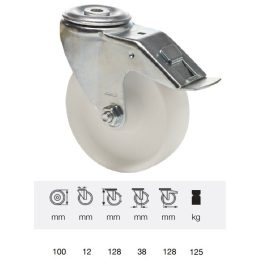  BPPP 1005 1100, Forgó-Fékes kerék, (polipropilén) műanyag futófelület, horganyzott villába szerelve, 100 mm, 150 kg teherbírás, furatos felfogatás