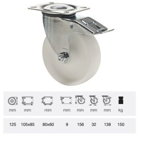  BPPP 1251 1100, Forgó-Fékes kerék, (polipropilén) műanyag futófelület, horganyzott villába szerelve, 125 mm, 150 kg teherbírás, talpas felfogatás