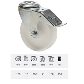   BPPP 1255 1100, Forgó-Fékes kerék, (polipropilén) műanyag futófelület, horganyzott villába szerelve, 125 mm, 150 kg teherbírás, furatos felfogatás