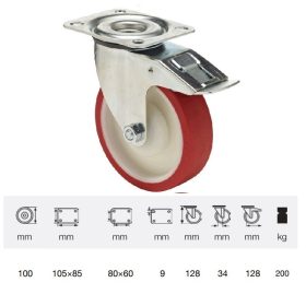   BPPU 1001 5100, Forgó-fékes kerék, Poluretán futófelülettel, horganyzott villába szerelve, 100 mm, 150 kg teherbírás, talpas felfogatás