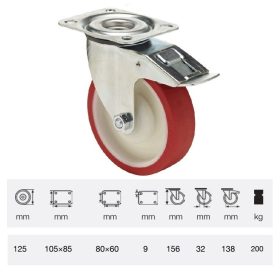   BPPU 1251 5100, Forgó-fékes kerék, Poluretán futófelülettel, horganyzott villába szerelve, 125 mm, 150 kg teherbírás, talpas felfogatás