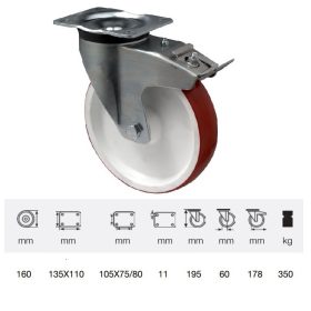   BPPU 1603 2100, Forgó-fékes kerék, Poluretán futófelülettel, horganyzott villába szerelve, 160 mm, 300 kg teherbírás, talpas felfogatás