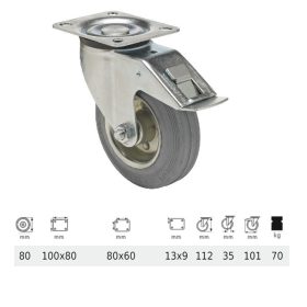   BPSG 0801 2100 L, Forgó-Fékes kerék, szürke (nyommentes) gumi futófelület, 80 mm, 70 kg teherbírás, talpas felfogatás