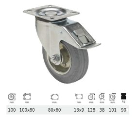   BPSG 1001 2100 L, Forgó-Fékes kerék, szürke (nyommentes) gumi futófelület, 100 mm, 90 kg teherbírás, talpas felfogatás