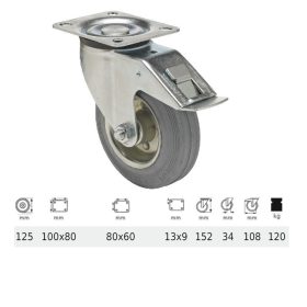   BPSG 1251 2100 L, Forgó-Fékes kerék, szürke (nyommentes) gumi futófelület, 125 mm, 120 kg teherbírás, talpas felfogatás
