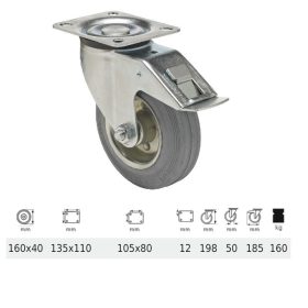   BPSG 1603 2100 W, Forgó-Fékes kerék, szürke (nyommentes) gumi futófelület, 160 mm, 160 kg teherbírás, talpas felfogatás