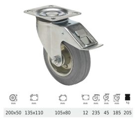   BPSG 2003 2100 W, Forgó-Fékes kerék, szürke (nyommentes) gumi futófelület, 200 mm, 205 kg teherbírás, talpas felfogatás