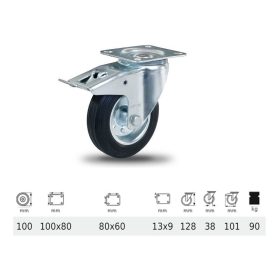  BPSM 1001 2100 L, Forgó-Fékes kerék, fekete gumi futófelület, 100 mm, 90 kg teherbírás, talpas felfogatás