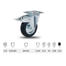   BPSM 1251 2100 L, Forgó-Fékes kerék, fekete gumi futófelület, 125 mm, 120 kg teherbírás, talpas felfogatás