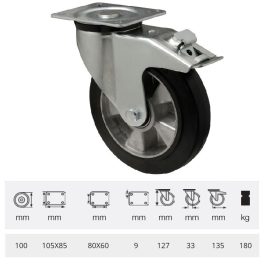   BTAB 1002 6150, Forgó-fékes kerék, horganyzott villába szerelve, fekete tömörgumi futófelülettel, 100 mm, 180 kg, talpas felfogatás