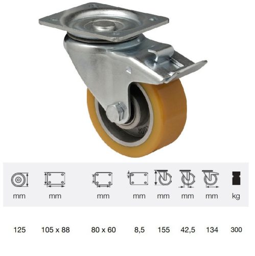 BTAU 1252 6150, Forgó-Fékes kerék, Poluretán futófelülettel, horganyzott villába szerelve, 125 mm, 300 kg teherbírás, talpas felfogatás