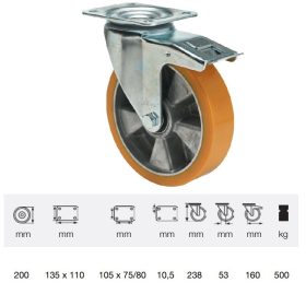   BTAU 2003 6440, Forgó-Fékes kerék, Poluretán futófelülettel, horganyzott villába szerelve, 200 mm, 500 kg teherbírás, talpas felfogatás