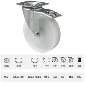   BTPN 1603 6100, Forgó-Fékes kerék, (poliamid) műanyag futófelület, horganyzott villába szerelve, 160 mm, 500 kg teherbírás, talpas felfogatás