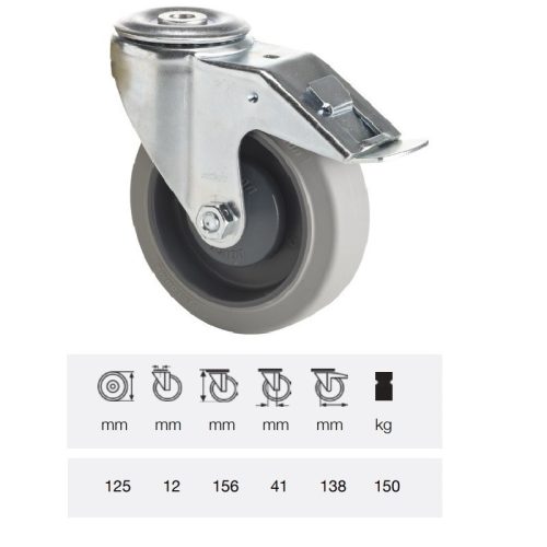 BXPF 1255 7000, Forgó-fékes kerék, rozsdamentes villába szerelve, prémium PERFORMA tömörgumi futófelület, 125 mm, 150 kg teherbírás, furatos felfogatás
