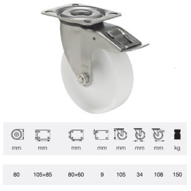   BXPN 0801 1100, Forgó-fékes kerék, (poliamid) műanyag futófelület, rozsdamentes villába szerelve, 80 mm, 150 kg teherbírás, talpas felfogatás