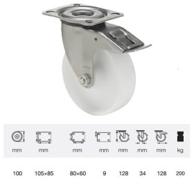   BXPN 1001 1100, Forgó-fékes kerék, (poliamid) műanyag futófelület, rozsdamentes villába szerelve, 100 mm, 200 kg teherbírás, talpas felfogatás