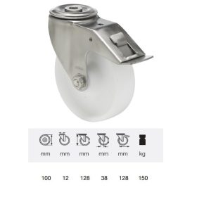   BXPN 1005 1000, Forgó-fékes kerék, (poliamid) műanyag futófelület, rozsdamentes villába szerelve, 100 mm, 150 kg teherbírás, furatos felfogatás