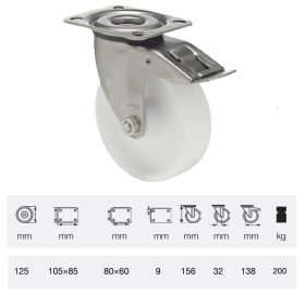   BXPN 1251 1100, Forgó-fékes kerék, (poliamid) műanyag futófelület, rozsdamentes villába szerelve, 125 mm, 200 kg teherbírás, talpas felfogatás